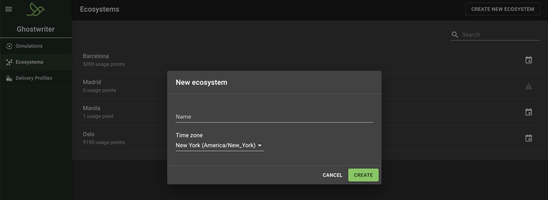 An overlay displays a form to enter an ecosystem name and select a time zone.