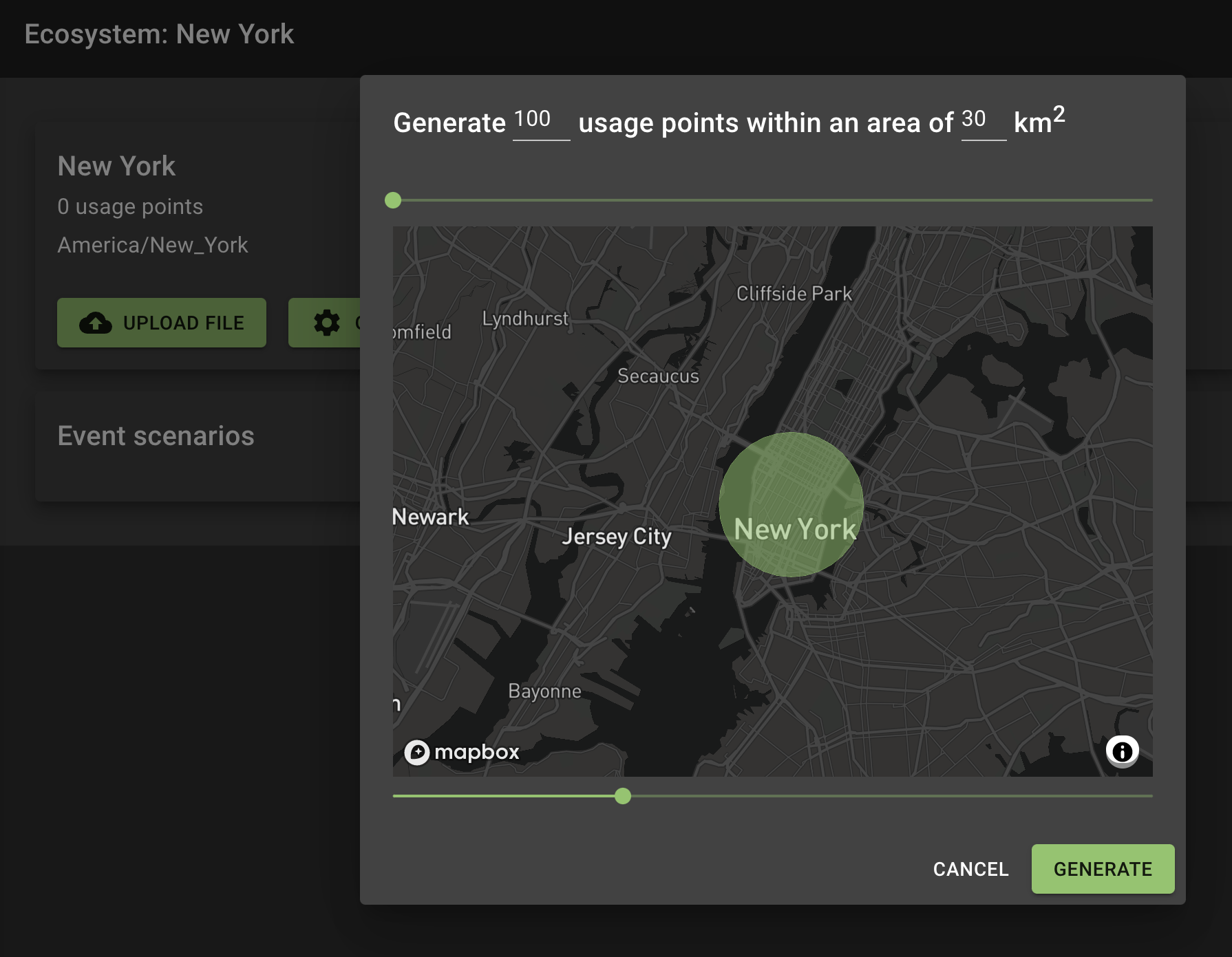 A map displays a green circle around New York, with the area of the circle set to 30 square kilometers.