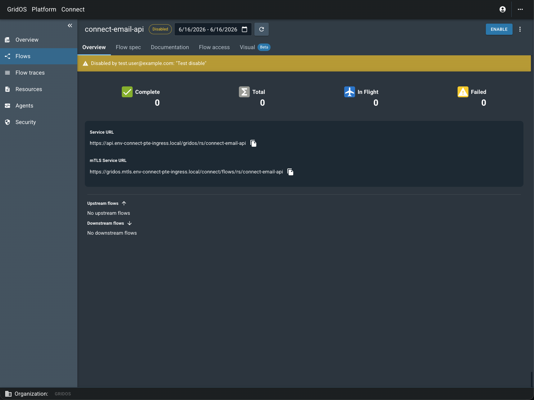 The flow page displays a banner that the flow is disabled, including who disabled it and why.