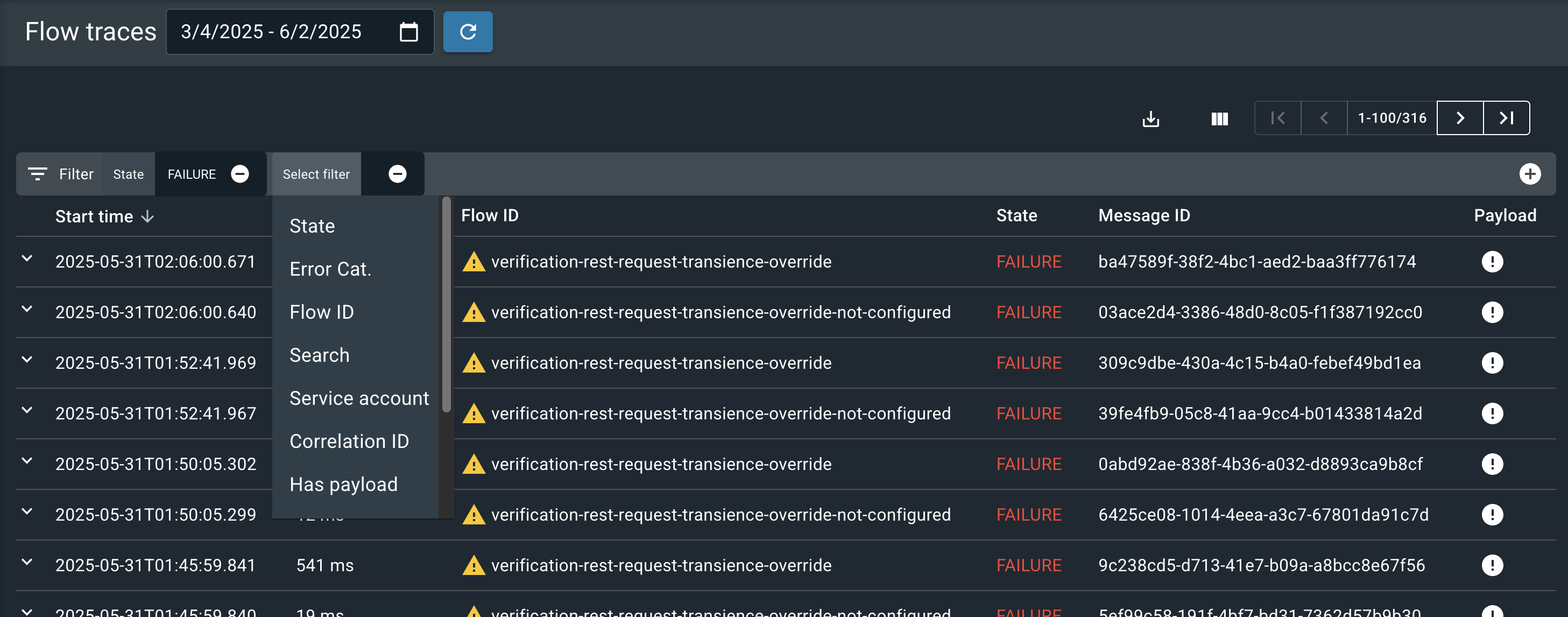 The tool bar has filters for the flow ID and state, with a dropdown to add a third filter.