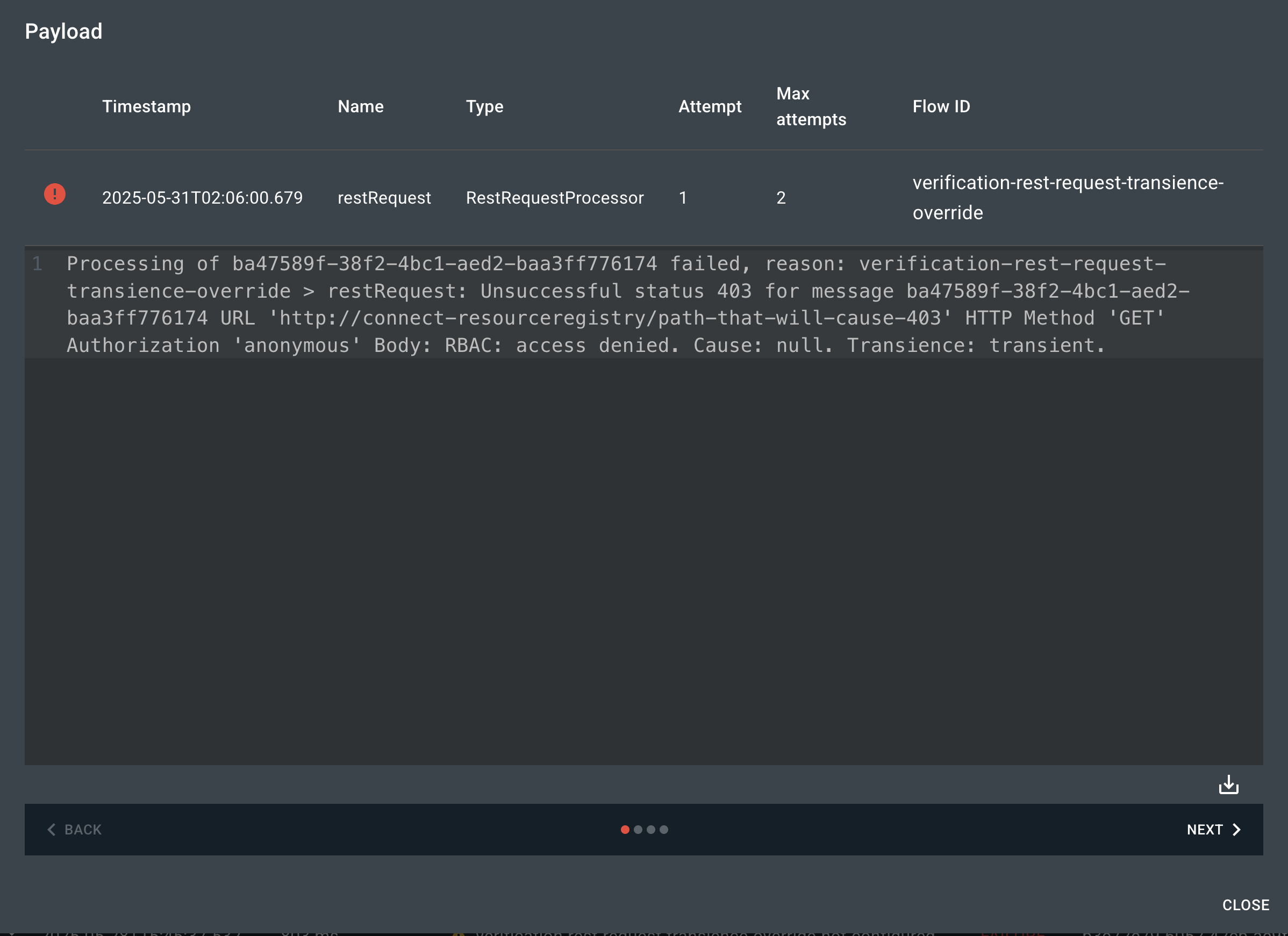 The payload overlay displays the log message from a failed POST request.