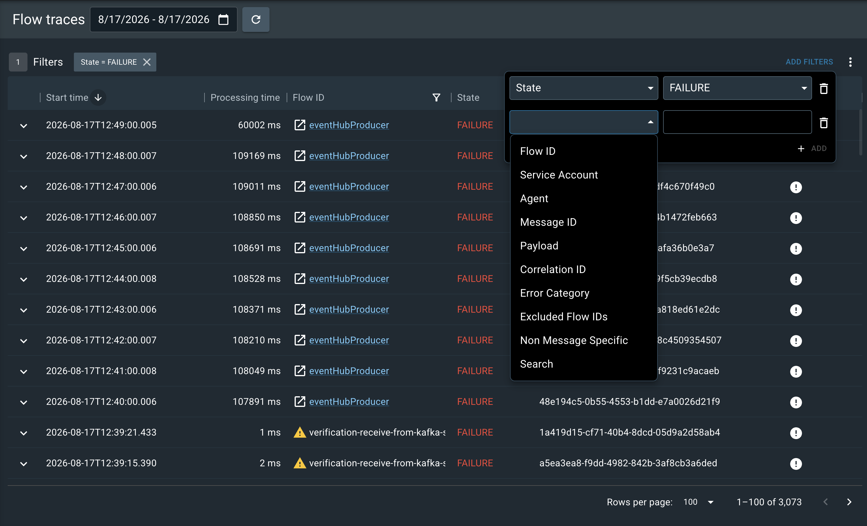 The tool bar has filters for the flow ID and state, with a dropdown to add a third filter.