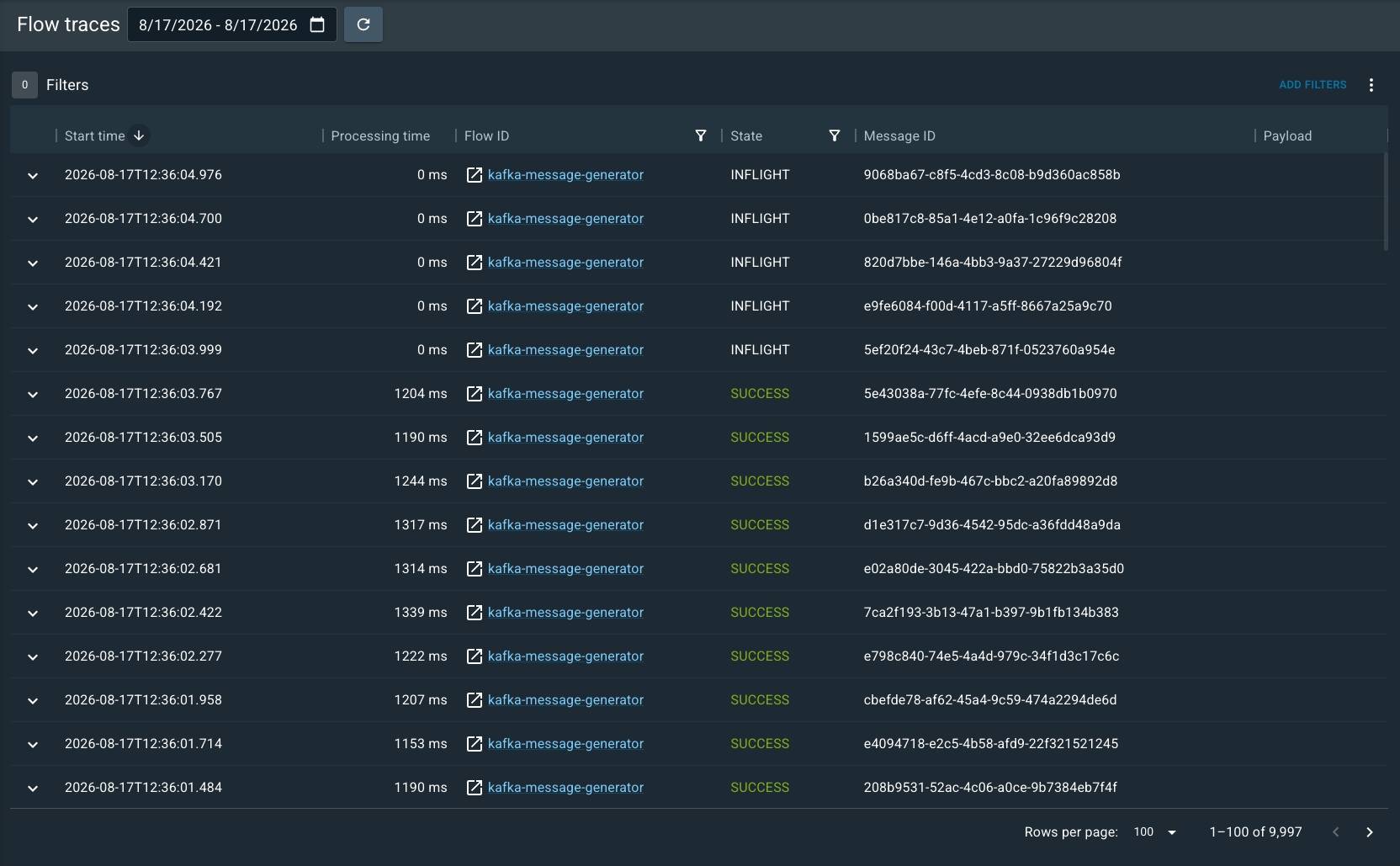 The list of flow traces includes the start time, processing time, flow ID, state, and message ID.