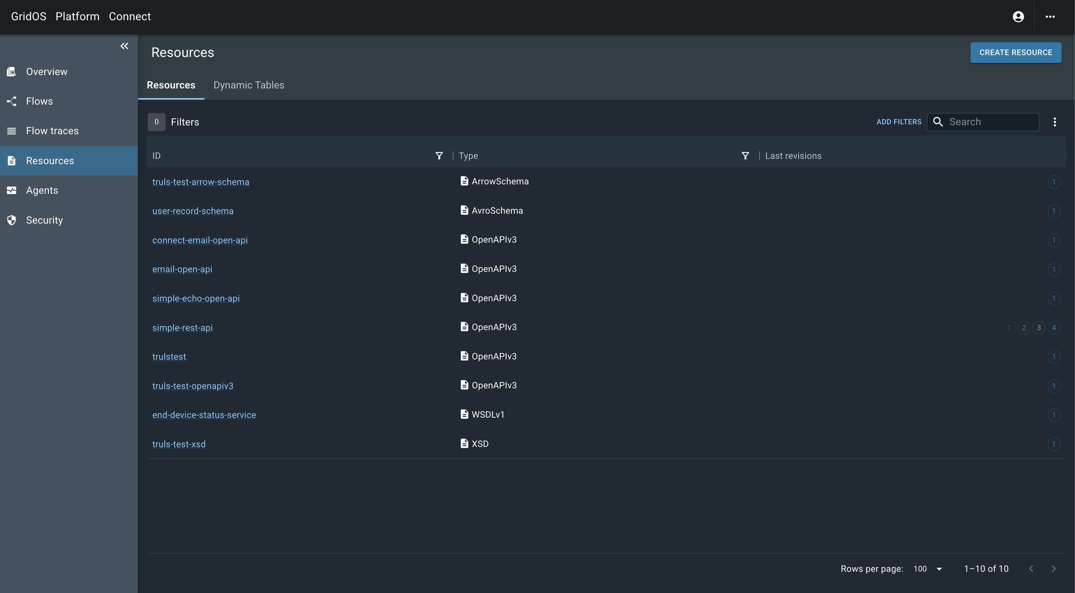 The list of resources includes for instance JSON schemas and OpenAPI specs. Dynamic tables can be viewed by clicking on the Dynamic tables tab.