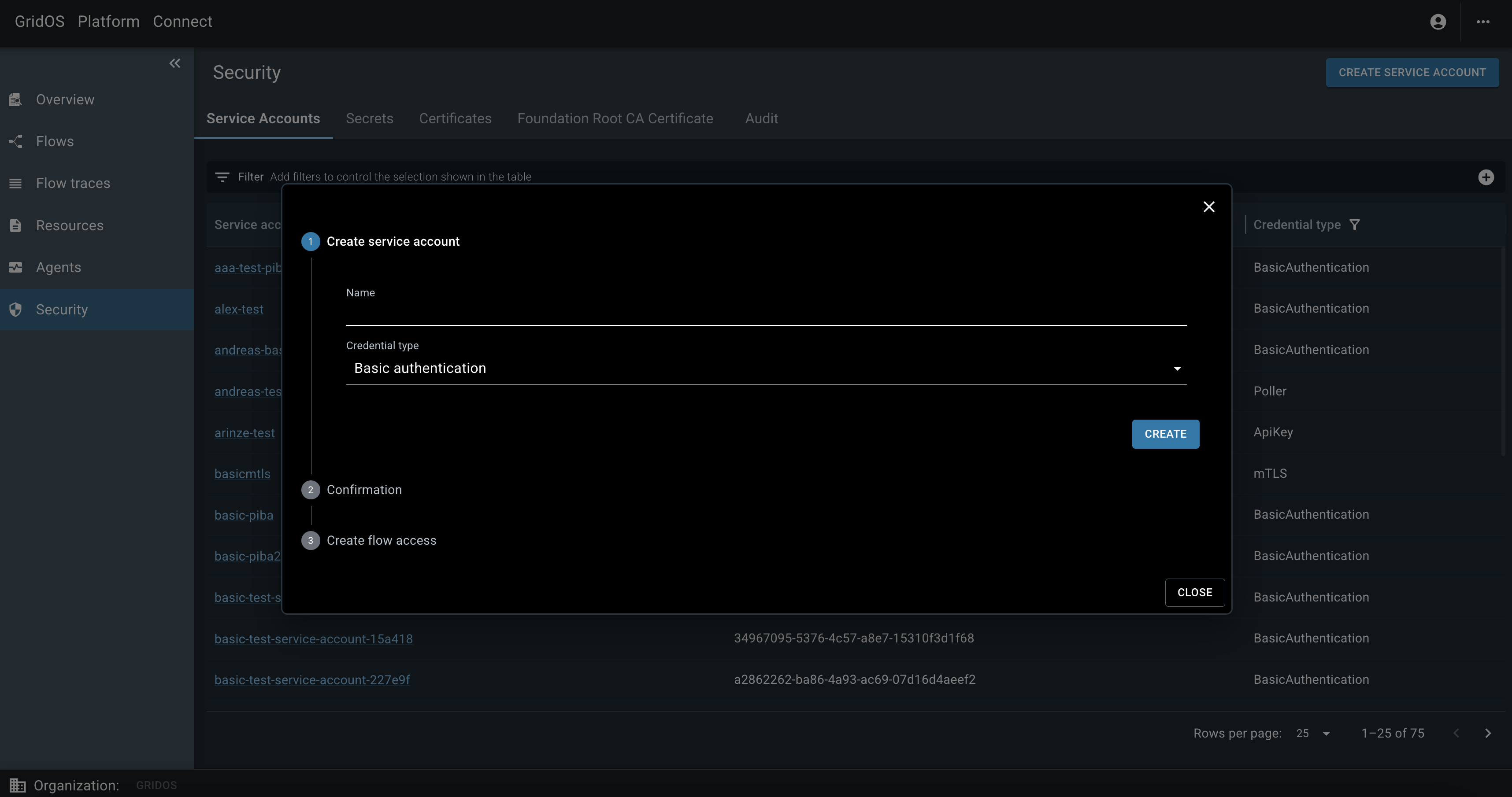 The form to create a service account includes fields for the account name and credential type.