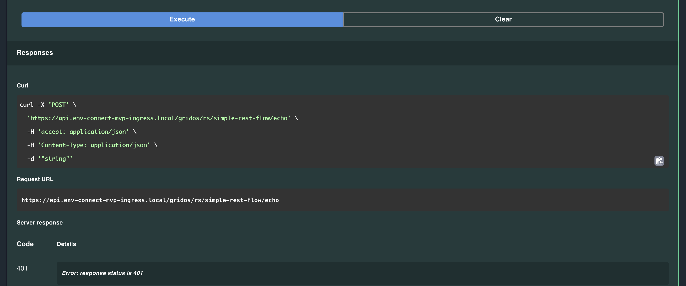 The page displays the curl command that ran the POST request and the returned 401 Unauthorized message.