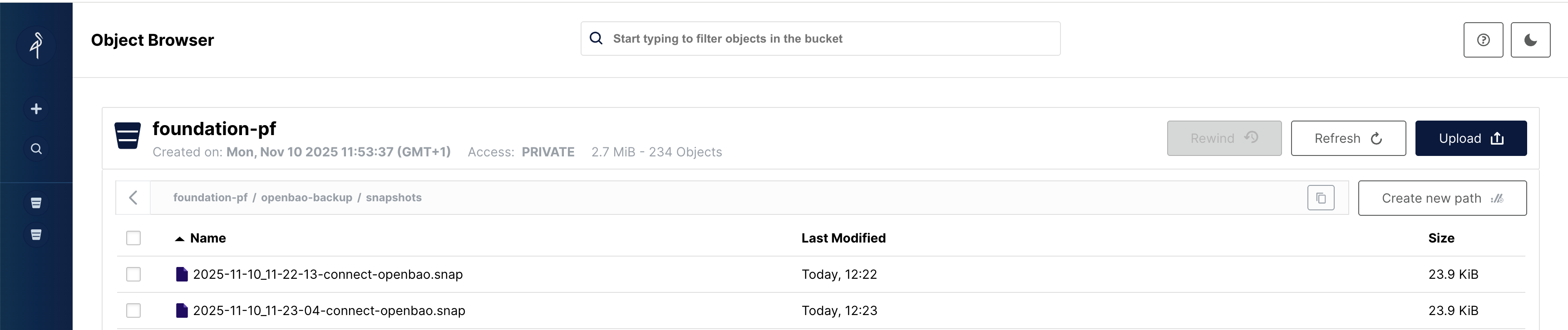 OpenBao backup snapshots (MinIO example)