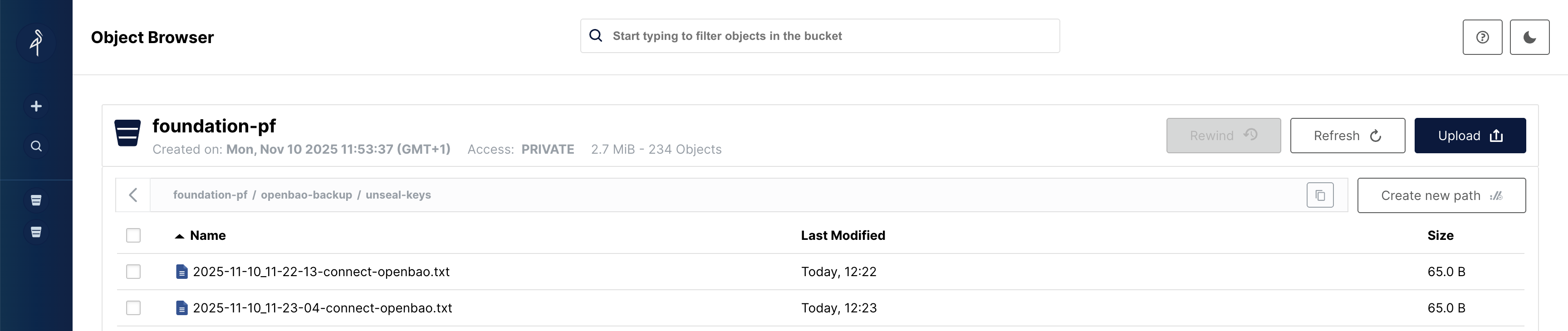 OpenBao backup unseal key (MinIO example)