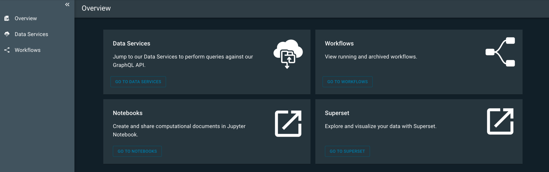The console displays an overview of Datalake tools.