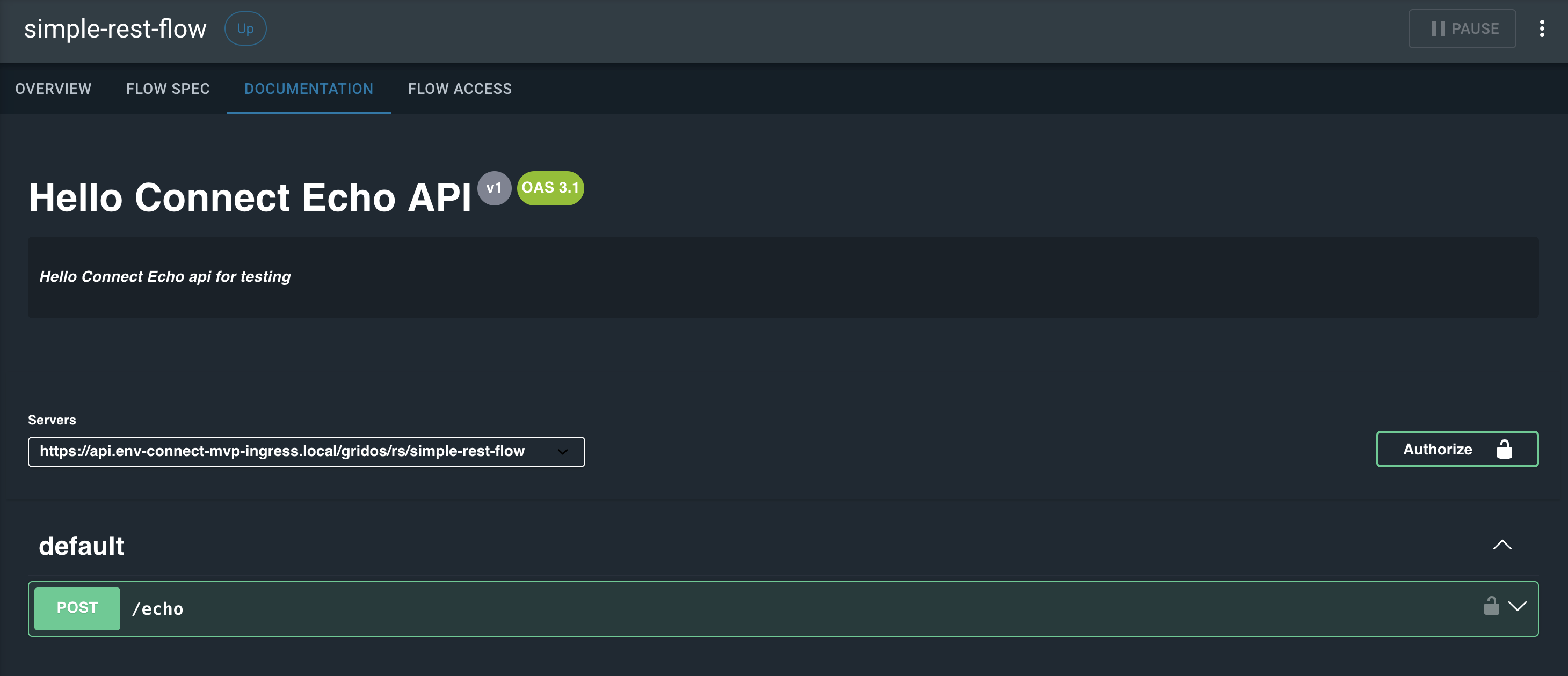 The Documentation tab displays a POST endpoint for a REST API.
