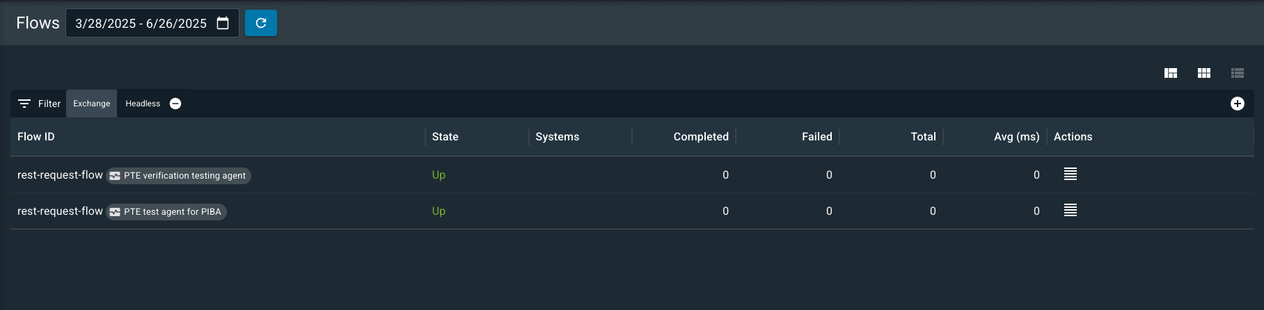 Headless flows can be viewed by selecting the exchange filter in the filter bar.