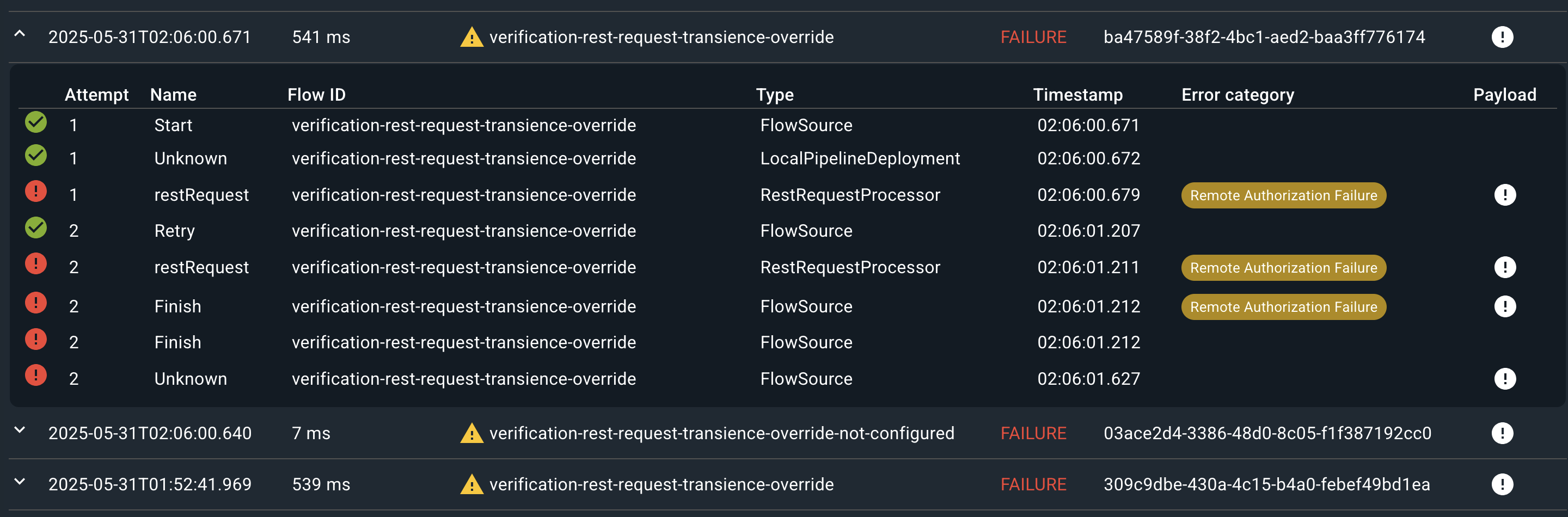 The expanded attempt displays a successful start but then errors for the next three steps.