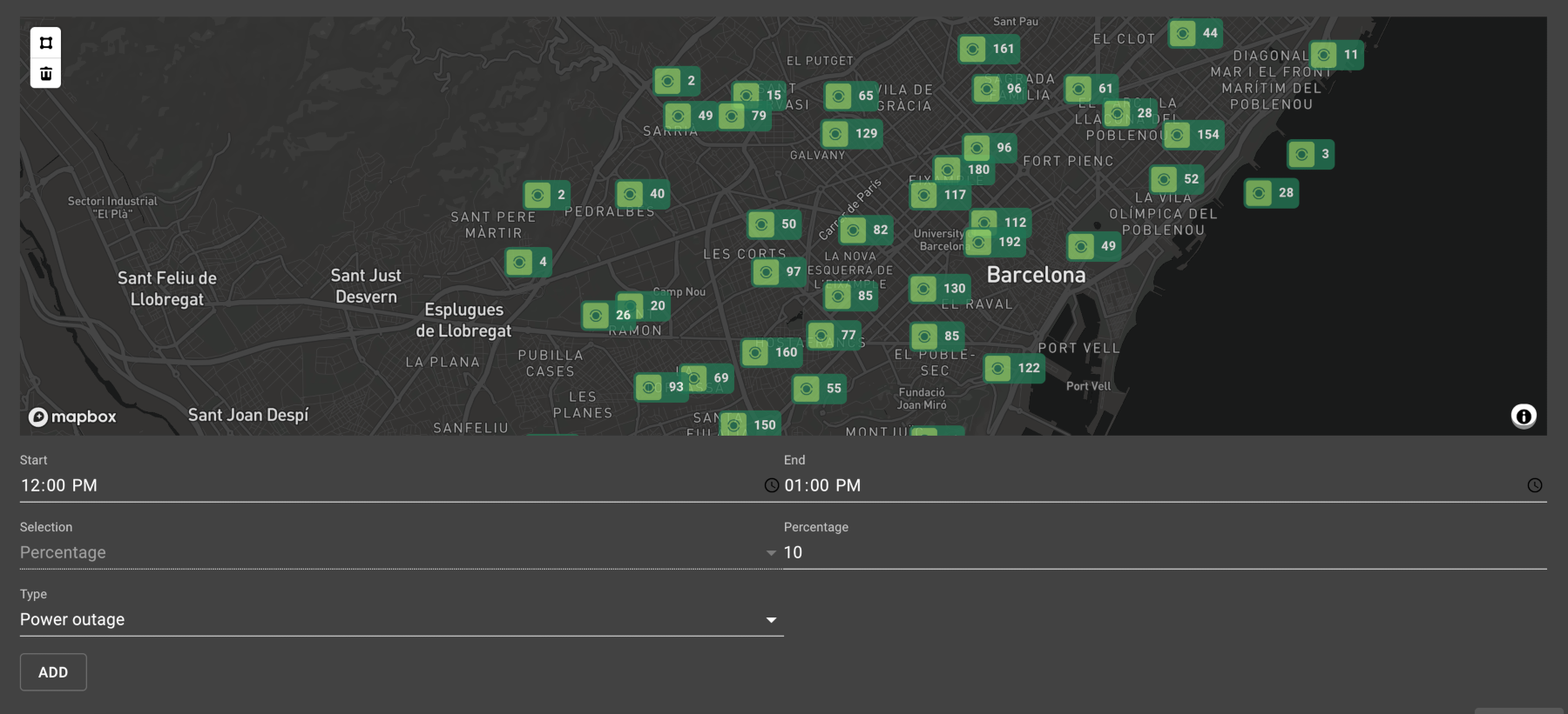 The console displays a map of Barcelona with a form underneath to create a new power outage event.