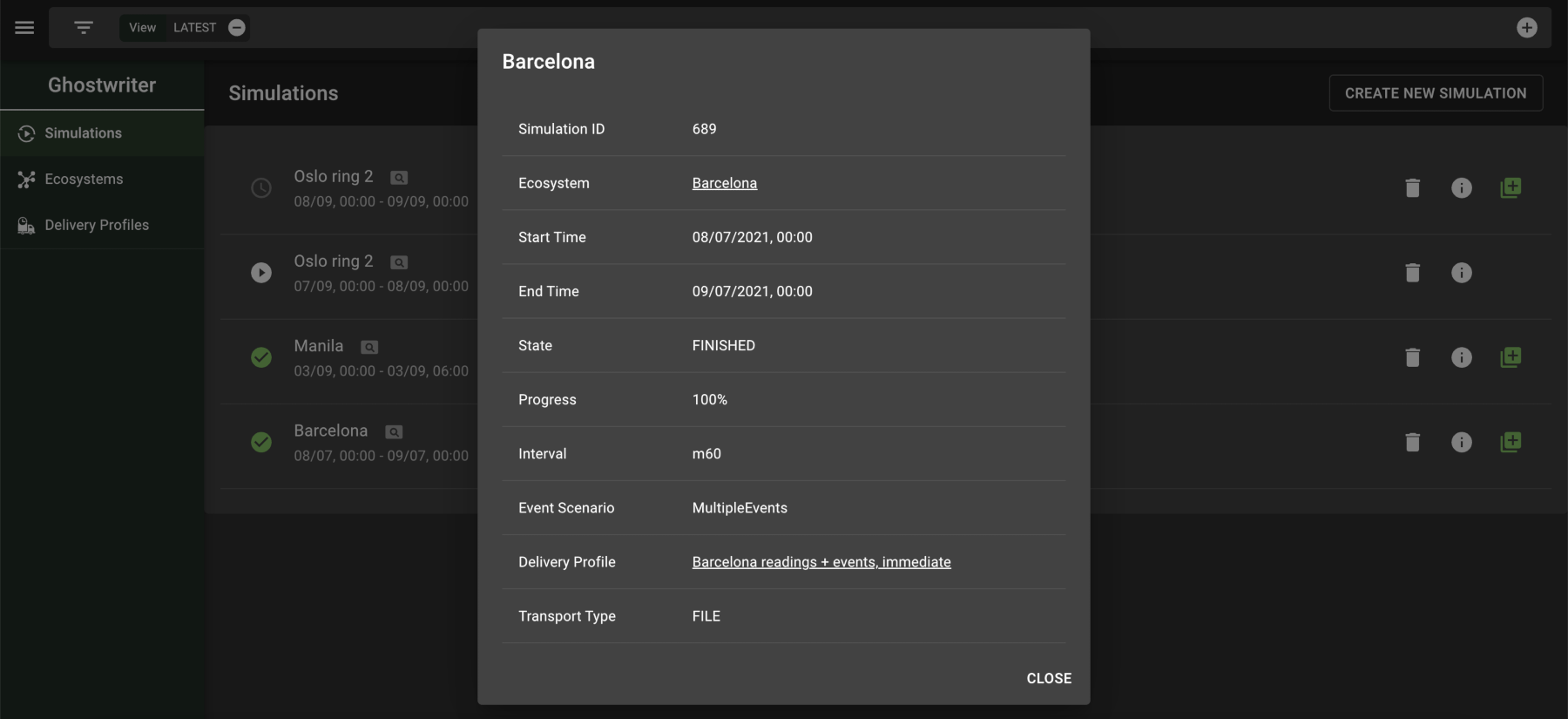 A pop-up message summarizes that a simulation has finished and includes the start and end dates.