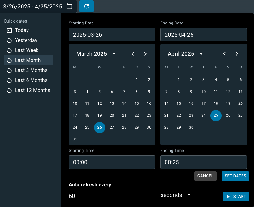 The console displays an overlay to select or set a date range.