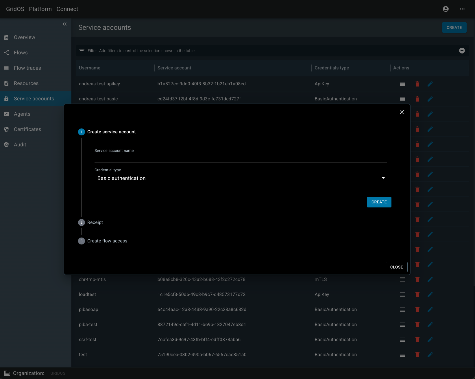 The form to create a service account includes fields for the account name and credential type.