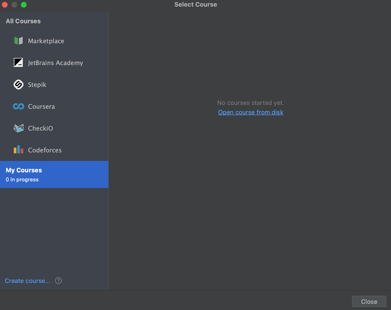 The My Courses tab in the Select Course window displays an option to open a course from disk.