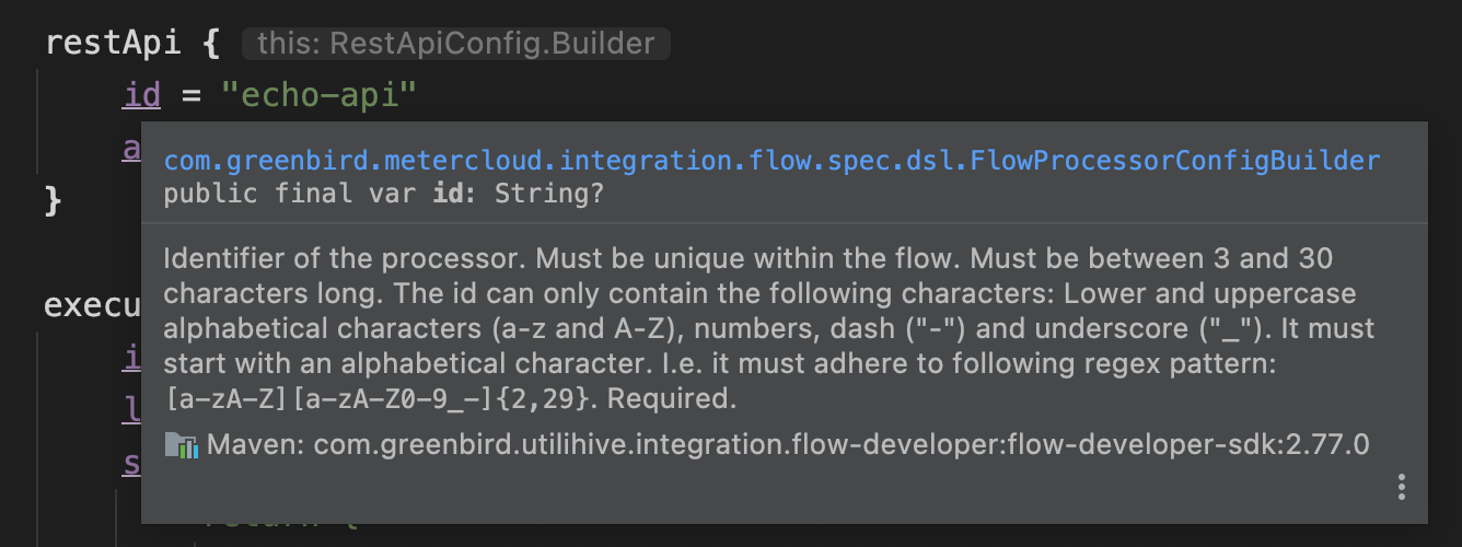 The "id" property displays a pop-up underneath with an explanation of valid characters.