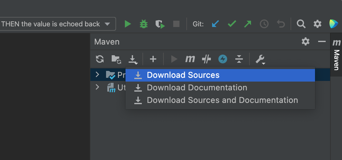 The Maven tool window displays an option to download sources and/or documentation.