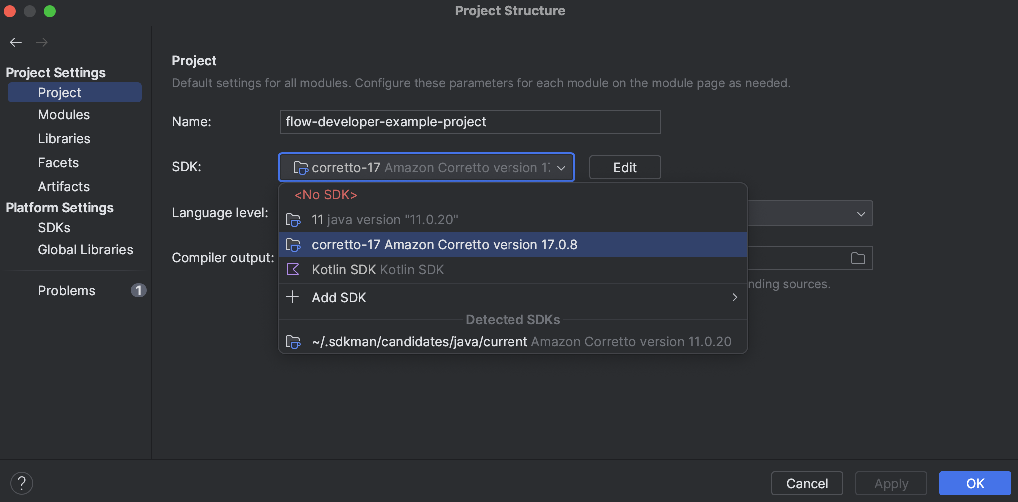 The Project Structure window displays a Project SDK dropdown with Java 17 selected.