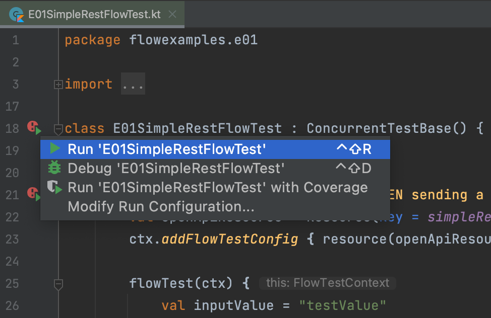 The left-hand gutter in the code editor displays a pop-up to "Run E01SimpleRestFlowTest."