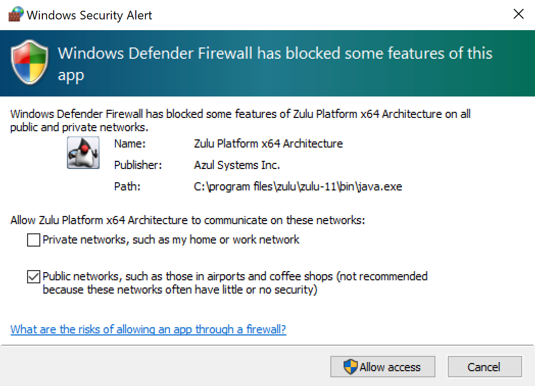 The security alert warns that Windows Defender Firewall has blocked some features of the app on public and private networks.