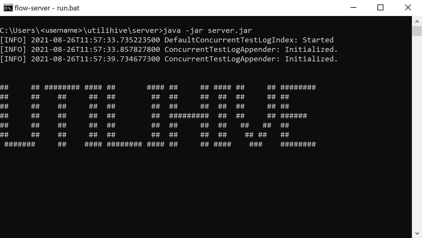 A command line window titled "flow-server - run.bat" has executed the command java -jar server.jar.
